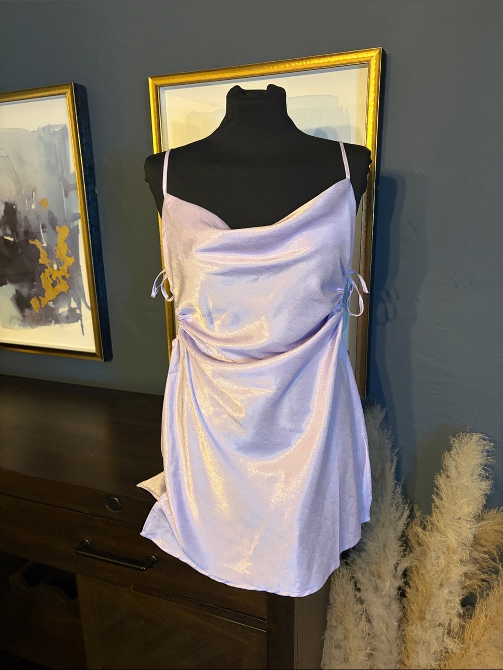 NWOT Shimmery Lavender Cowl Neck Mini Dress NWOT Side Ties, Large, Dual Slits